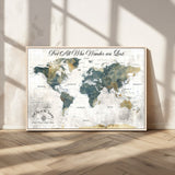 16233493-MGV-CV-36X24-Personalized World Map Wall Art – Rustic Blue Green Wanderlust Travel Map with Custom Couple Names, Vintage Wall Decor for Home