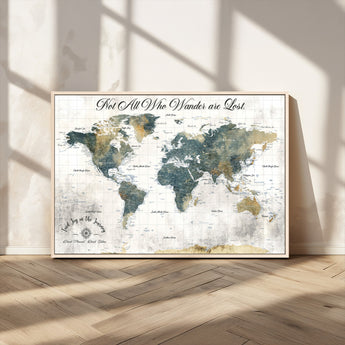 16233493-MGV-CV-36X24-Personalized World Map Wall Art – Rustic Blue Green Wanderlust Travel Map with Custom Couple Names, Vintage Wall Decor for Home