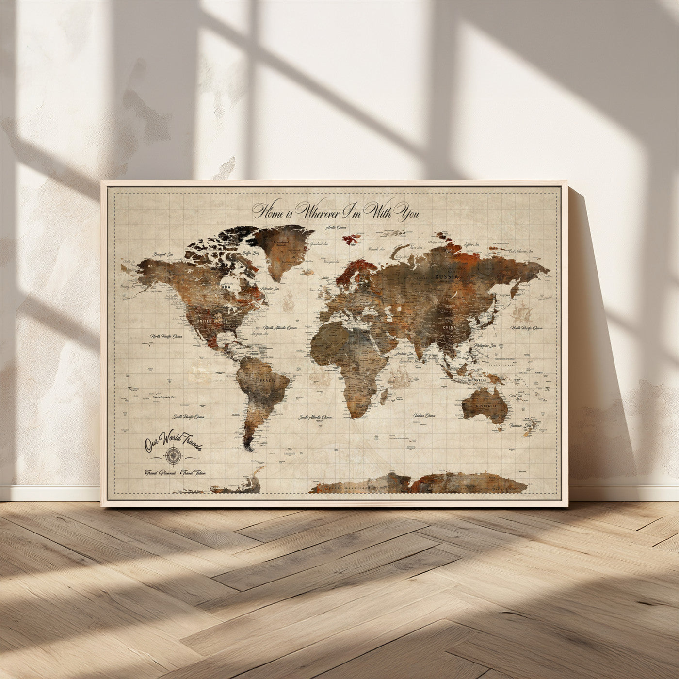 48225643-MGV-CV-36X24-Personalized World Map Wall Art – Rustic Vintage Adventure Travel Map with Custom Couple Names, Romantic Wall Decor for Home or