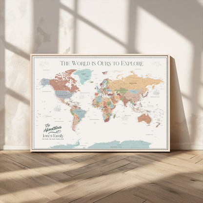 69180591-MGV-CV-36X24-Personalized World Map Wall Art – Rustic Vintage Adventure Travel Map with Custom Family Names, Unique Wall Decor for Couples,