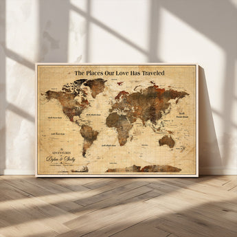 50680593-MGV-CV-36X24-Personalized World Map Wall Art – Rustic Brown Adventure Travel Map with Custom Names, Elegant Push Pin Canvas for Couples Home,