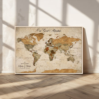91961147-MGV-CV-36X24-Personalized World Map Wall Art – Vintage Sepia Adventure Travel Map with Custom Couple Names, Rustic Wall Decor for Home, Couples