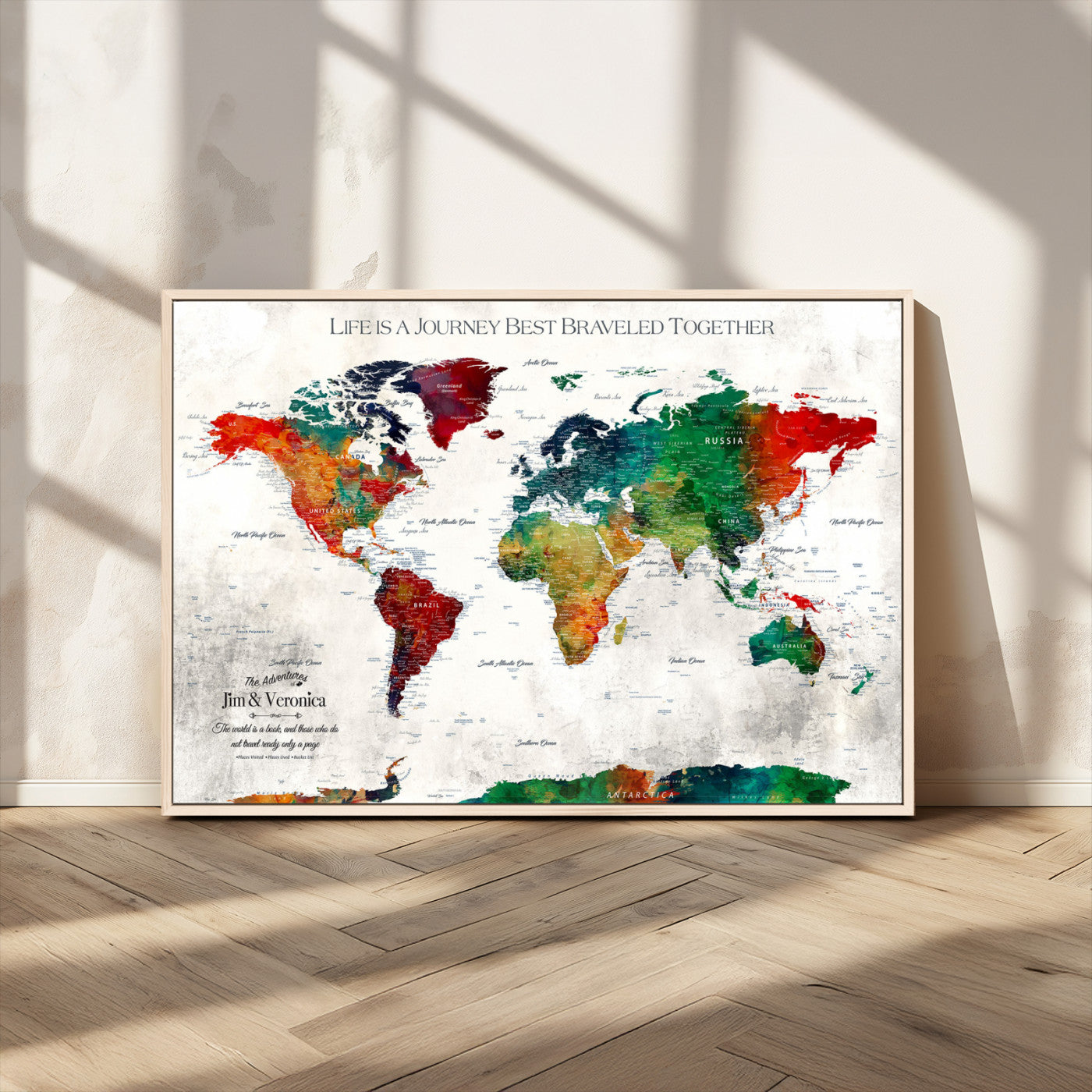 95876117-MGV-CV-36X24-Personalized World Map Wall Art – Colorful Watercolor Travel Map with Custom Names, Romantic Wall Decor for Couples, Wedding or