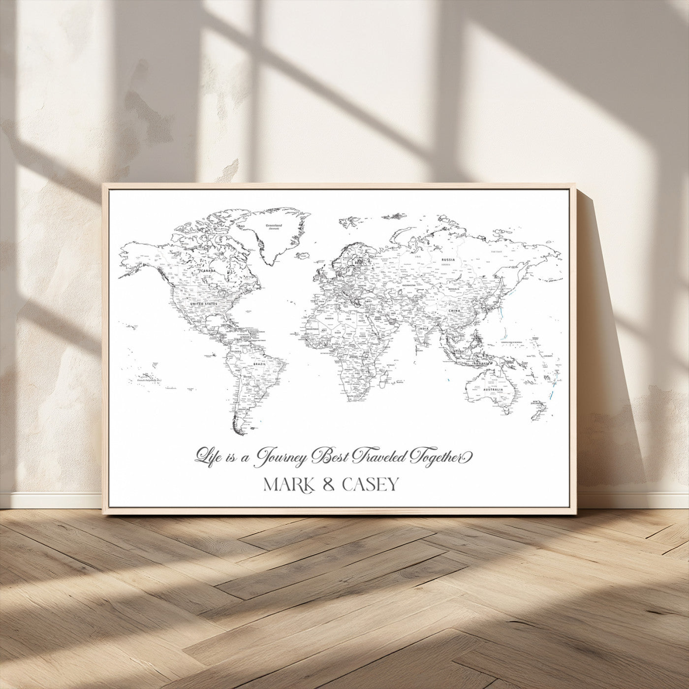 43438578-MGV-CV-36X24-Personalized World Map Wall Art – Black and White Minimal Travel Map with Custom Names, Elegant Wall Decor for Couples, Wedding or
