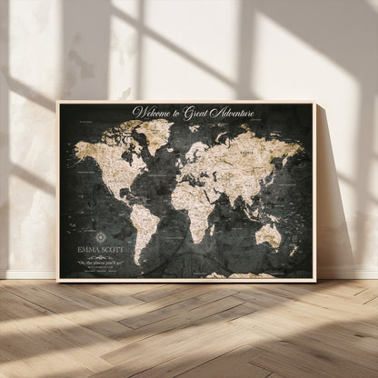 70534097-MGV-CV-36X24-Personalized World Map Wall Art – Dark Vintage Adventure Style Travel Map with Custom Names, Unique Wall Decor for Couples, Home