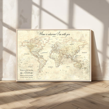 57950315-MGV-CV-36X24-Personalized World Map Wall Art – Vintage Beige Travel Map with Custom Names, Romantic Anniversary Gift for Couples, Adventure