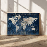 16933330-MGV-FC-36X24_Natural-Personalized World Map Wall Art – Navy Blue Vintage Travel Map with Custom Names, Anniversary Gift for Couples Romantic Adventure