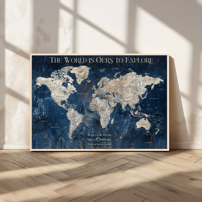 16933330-MGV-FC-36X24_Natural-Personalized World Map Wall Art – Navy Blue Vintage Travel Map with Custom Names, Anniversary Gift for Couples Romantic Adventure