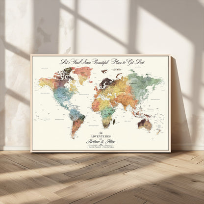 10311652-MGV-CV-36X24-Personalized World Map Wall Art - Watercolor Travel Map with Custom Names Minimalist Design for Couples&Families - Decor for Home,
