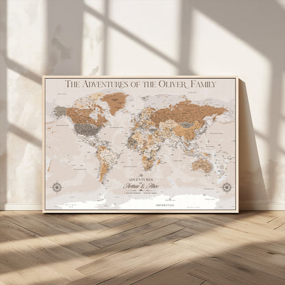 34289723-MGV-CV-36X24-Personalized World Map Wall Art – Elegant Beige and Brown Adventure Map Canvas Print for Family Home, Living Room, Study or Office