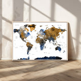 MGV-FC-36X24 - World Map Wall Art Canvas Print, Framed Blue Gold Map Art Picture Print, Rustic Atlas Perfect Rustic Modern Decor Artwork