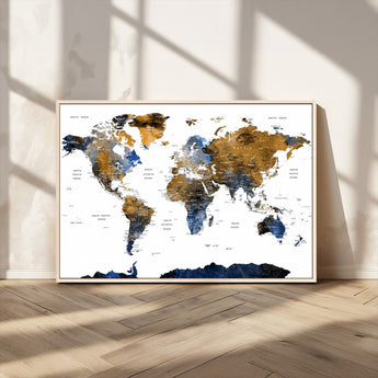 MGV-FC-36X24 - World Map Wall Art Canvas Print, Framed Blue Gold Map Art Picture Print, Rustic Atlas Perfect Rustic Modern Decor Artwork