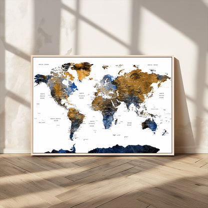 MGV-FC-36X24 - World Map Wall Art Canvas Print, Framed Blue Gold Map Art Picture Print, Rustic Atlas Perfect Rustic Modern Decor Artwork