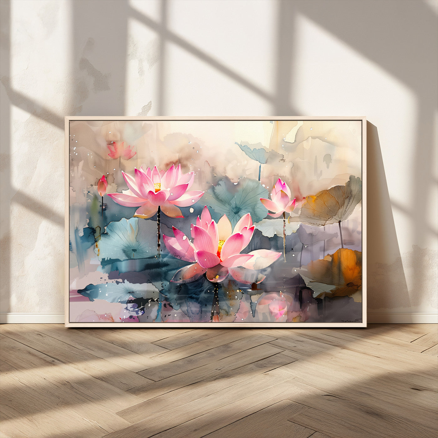 18414-MGV-CV-36X24-Pink Lotus Wall Art Canvas Print, Framed Water Lily Art Picture Print, Dreamy Floral Perfect Dreamy Botanical Decor Artwork