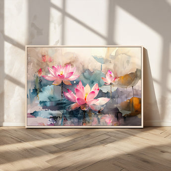 18414-MGV-CV-36X24-Pink Lotus Wall Art Canvas Print, Framed Water Lily Art Picture Print, Dreamy Floral Perfect Dreamy Botanical Decor Artwork