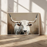 63550-MGV-CV-36X24-Texas Longhorn Wall Art Canvas Print, Framed White Bull Art Picture Print, Horned Cattle Perfect Rustic Western Decor Artwork