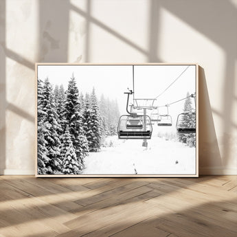 49274-MGV-CV-36X24-Snowy Forest Wall Art Canvas Print, Framed Ski Lift Art Picture Print, Mountain Snow Perfect Minimal Winter Lodge Decor Artwork