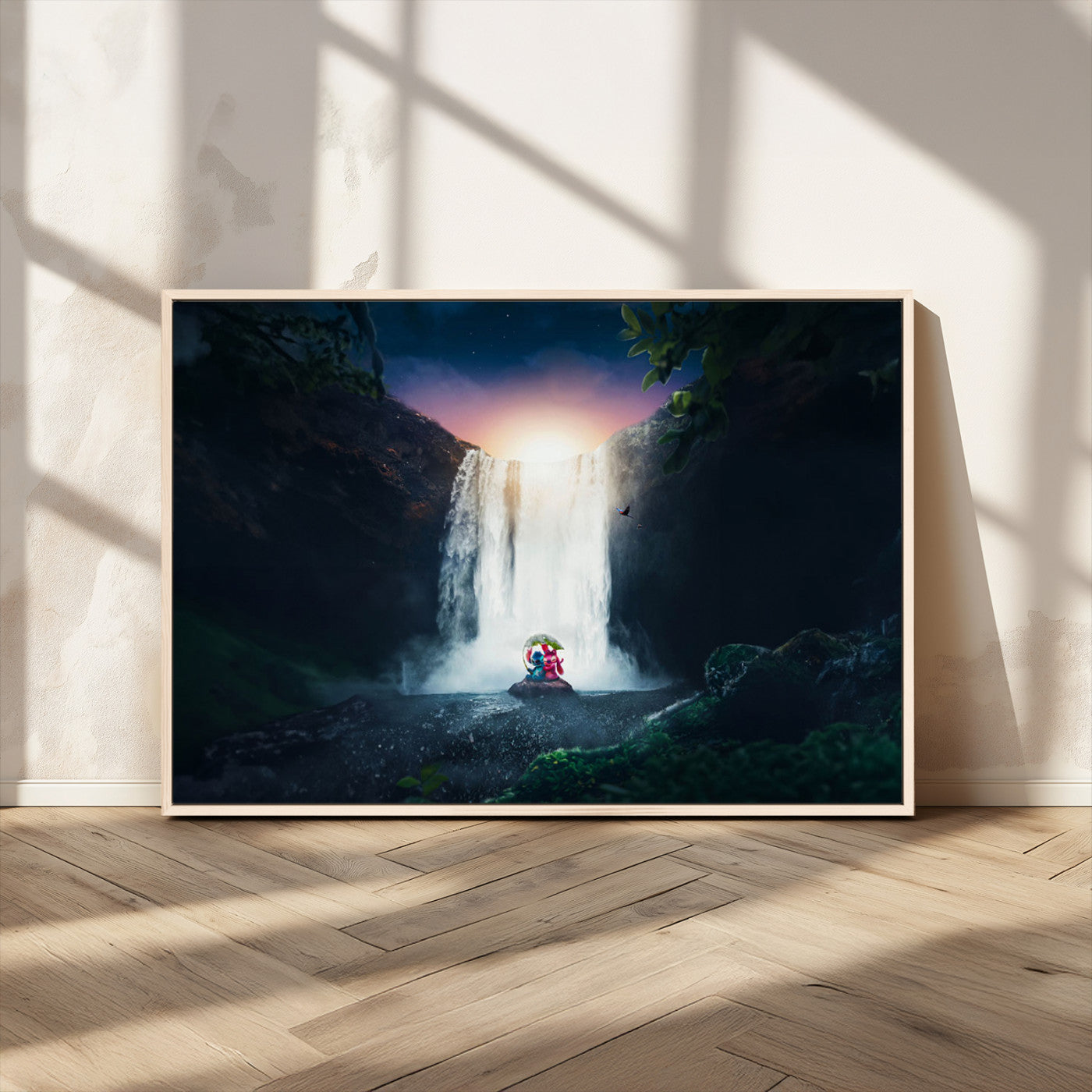 56359-MGV-CV-36X24-Lilo Stitch Wall Art Canvas Print, Framed Stitch Angel Art Picture Print, Cartoon Waterfall Perfect Tropical Fantasy Decor Artwork
