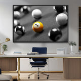 52108-MGV-FC-36X24_Black-Precision Pool Table Wall Art – Close Up Yellow 1 Ball Canvas Print, Hand-Played Billiards Game Decor for Office, Game Room, or