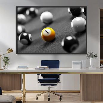 52108-MGV-FC-36X24_Black-Precision Pool Table Wall Art – Close Up Yellow 1 Ball Canvas Print, Hand-Played Billiards Game Decor for Office, Game Room, or