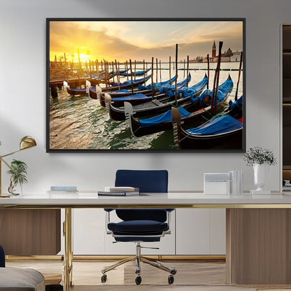 25872-MGV-FC-36X24_Black-Venetian Gondola Dock Wall Art – Serene Sunset Canal Canvas Print, Tranquil Water Travel Decor for Office, Living Room, or Man
