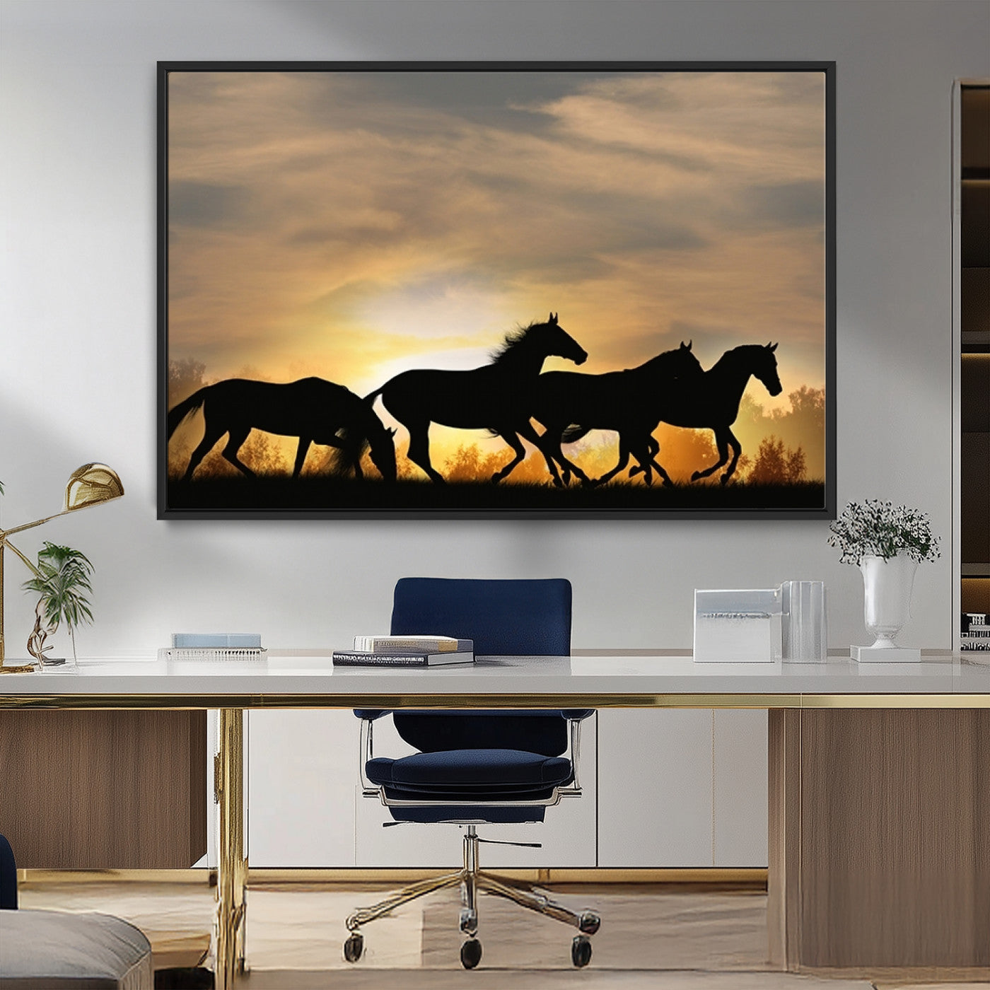 16620-MGV-FC-36X24_Black-Sunset Stallions Wall Art – Silhouetted Horses Running Canvas Print, Nature’s Rhythm, Perfect for Living Room, Office, or Man Cave