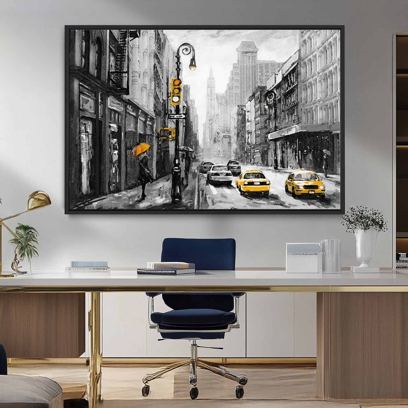 32362-MGV-FC-36X24_Black-NYC Street Wall Art – Black and White Cityscape with Yellow Taxis and Umbrella Canvas Print, Urban Home Decor for Living Room or