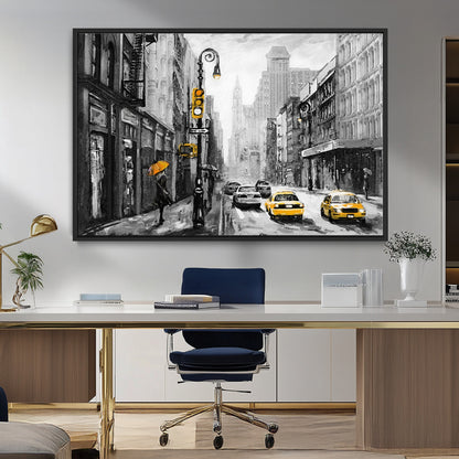 32362-MGV-FC-36X24_Black-NYC Street Wall Art – Black and White Cityscape with Yellow Taxis and Umbrella Canvas Print, Urban Home Decor for Living Room or