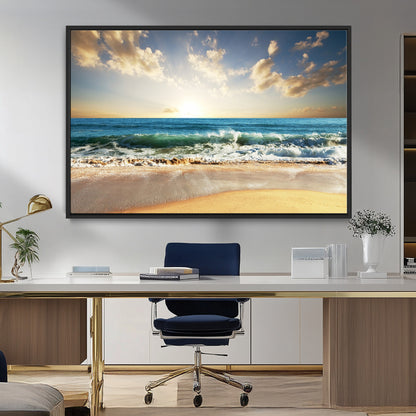 13139-MGV-CV-36X24-Sunrise Beach Wall Art – Ocean Waves and Golden Sand Canvas Print, Coastal Home Decor for Living Room, Bedroom, or Office