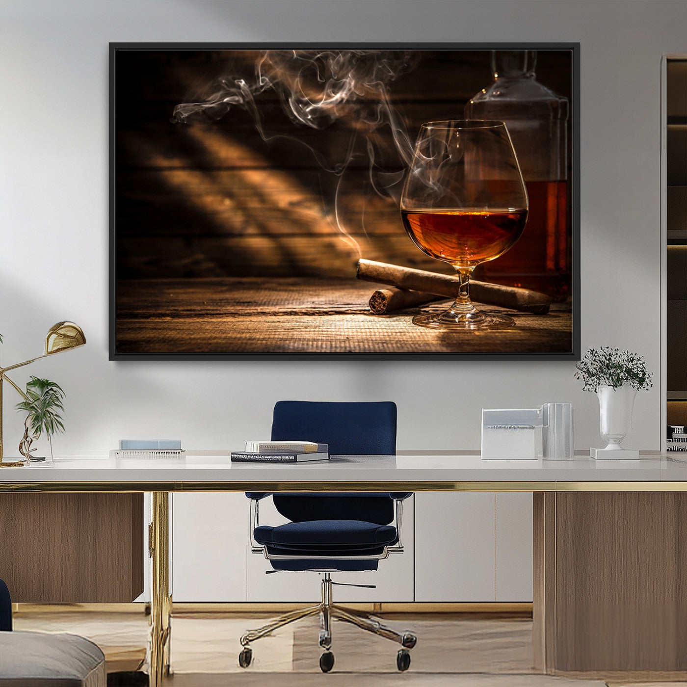 92305-MGV-FC-36X24_Black-Whiskey & Cigar Wall Art – Moody Whiskey and Cigar Canvas Print, Sophisticated Bar or Home Lounge Decor for Office, Man Cave or