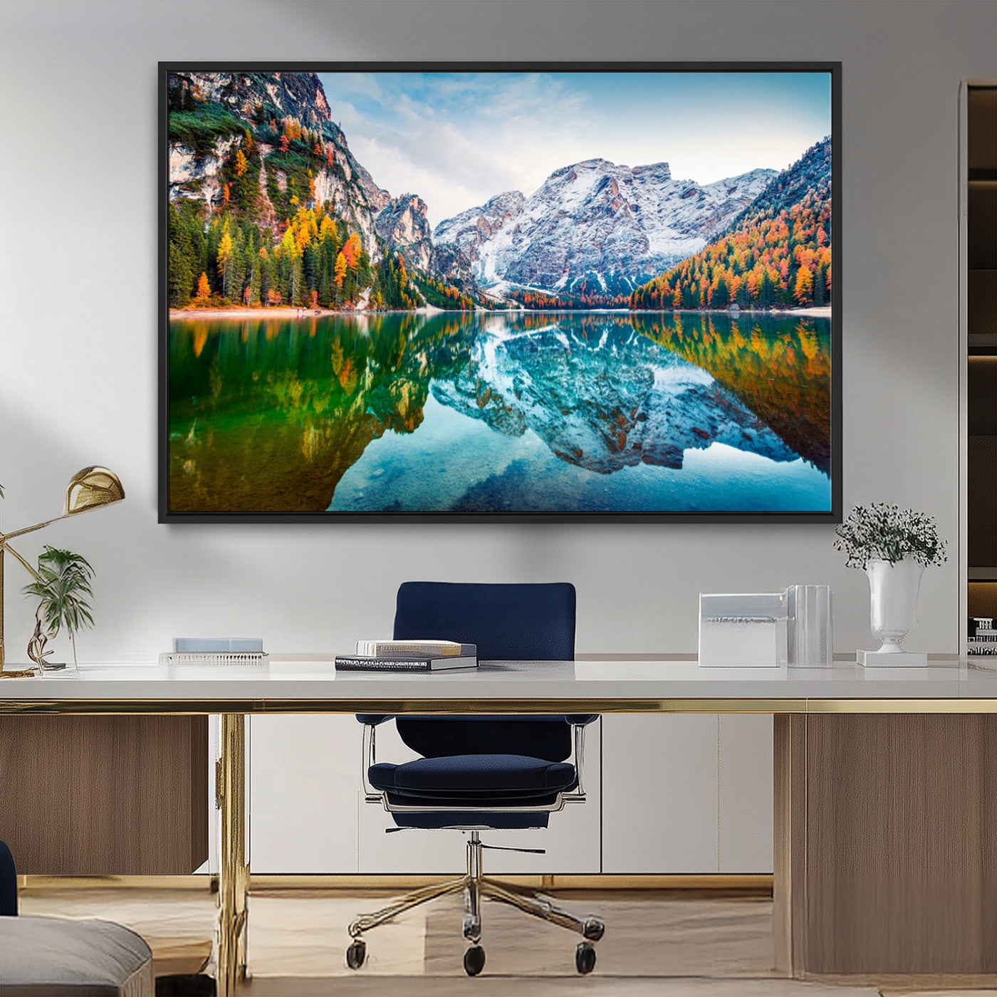 10402-MGV-CV-36X24-Snowy Mountain Lake Wall Art – Autumn Landscape Canvas Print with Reflection, Nature Decor for Living Room, Office, Bedroom or