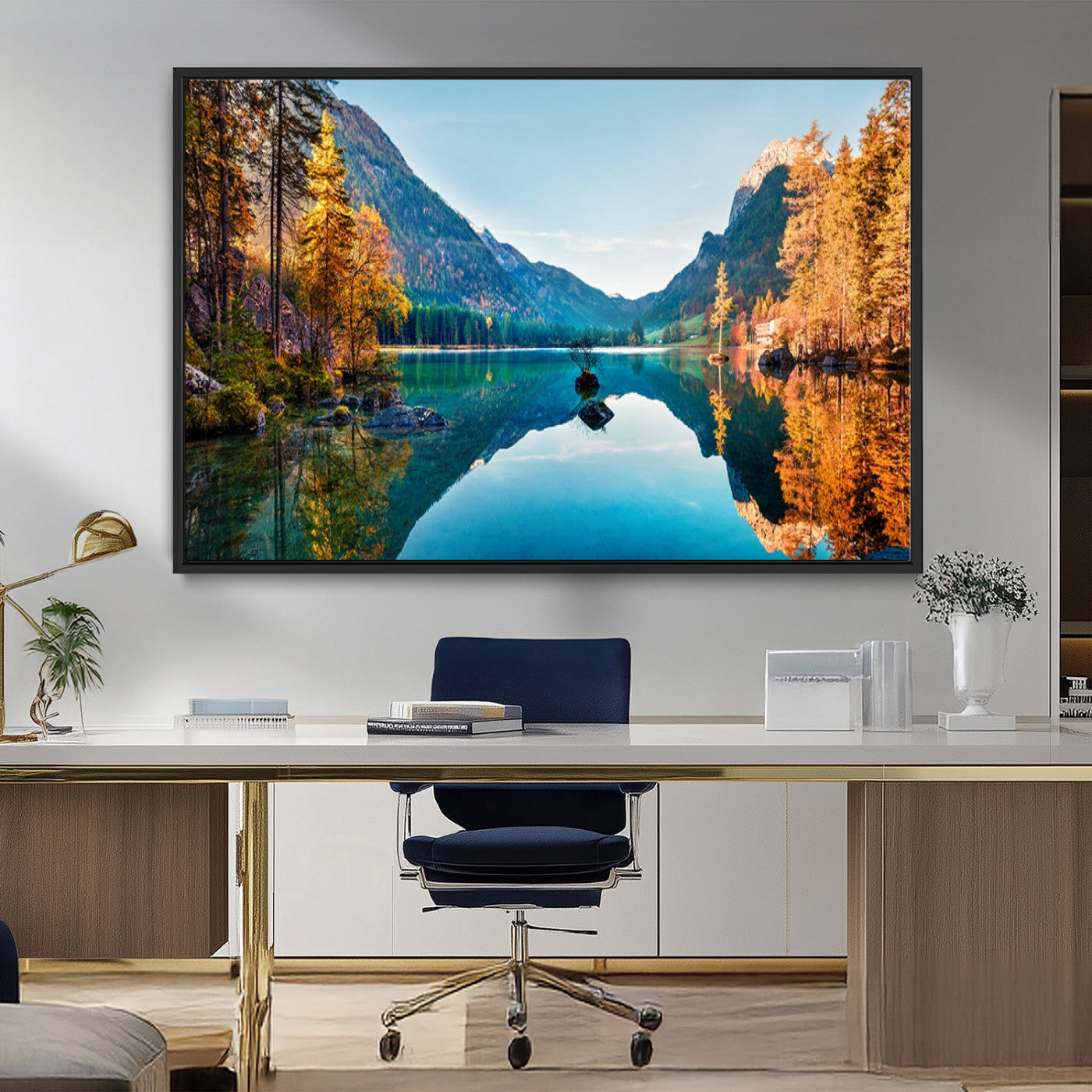 32962-MGV-FC-36X24_Black-Mountain Lake Wall Art – Tranquil Autumn Landscape Canvas Print, Nature Reflection Decor for Living Room, Bedroom, Office or Cabin