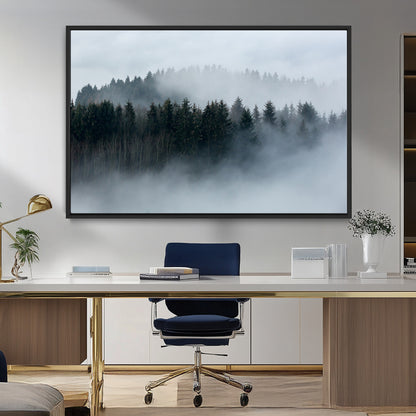 42596-MGV-FC-36X24_Black-Misty Forest Wall Art – Atmospheric Pine Trees Canvas Print, Nature Landscape Decor for Living Room, Bedroom, Office, or Cabin