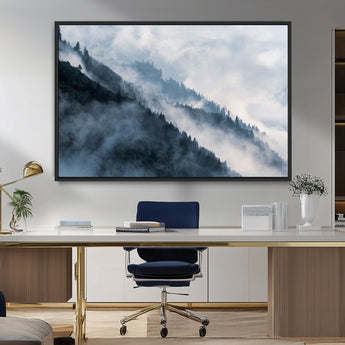 85737-MGV-CV-36X24-Misty Mountain Wall Art – Atmospheric Pine Forest Canvas Print with Fog and Mist, Calm Nature Decor for Living Room, Bedroom,