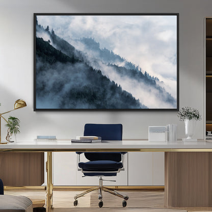 85737-MGV-CV-36X24-Misty Mountain Wall Art – Atmospheric Pine Forest Canvas Print with Fog and Mist, Calm Nature Decor for Living Room, Bedroom,