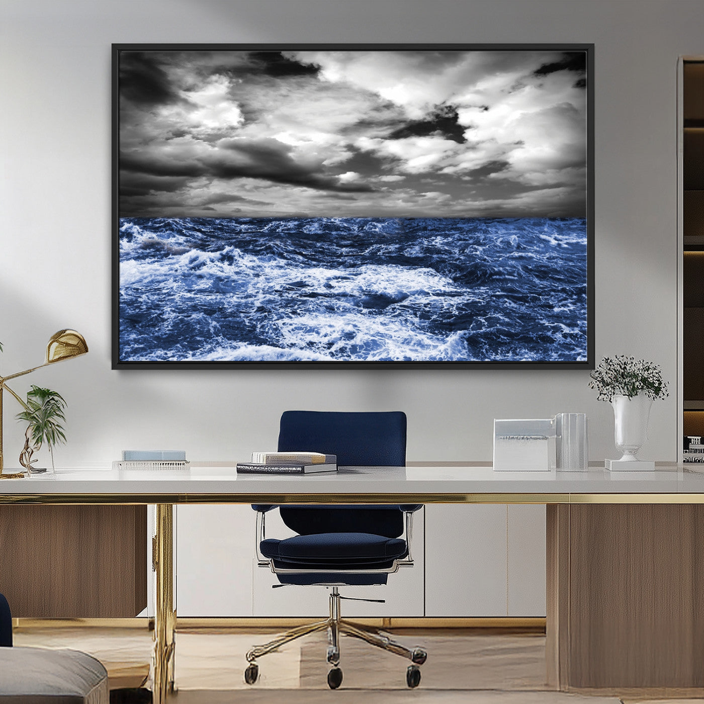 36012-MGV-CV-36X24-Dramatic Stormy Ocean Waves Black and White with Deep Blue Highlights – Moody Seascape Wall Art, Nature Photography Print for Home