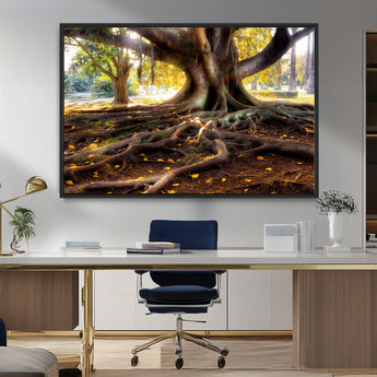 53335-MGV-FC-36X24_Black-Majestic Tree with Sprawling Roots Wall Art – Serene Sunlit Park Scene, Nature Canvas Print, Perfect for Living Room, Office or