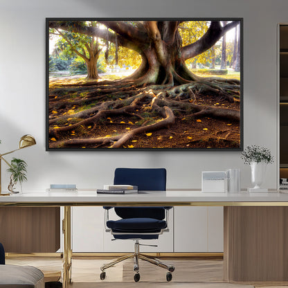 53335-MGV-FC-36X24_Black-Majestic Tree with Sprawling Roots Wall Art – Serene Sunlit Park Scene, Nature Canvas Print, Perfect for Living Room, Office or