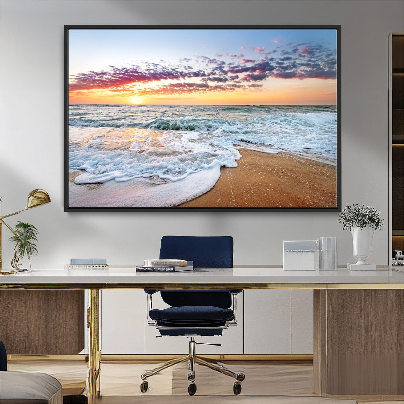 39560-MGV-FC-36X24_Black-Sunrise Beach Wall Art – Vibrant Ocean Waves and Golden Sand Canvas Print, Seaside Coastal Decor for Living Room, Bedroom or