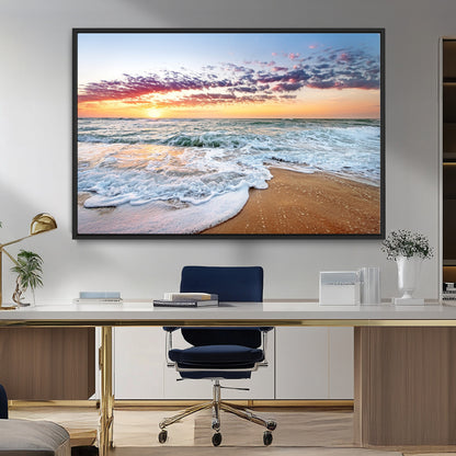 39560-MGV-FC-36X24_Black-Sunrise Beach Wall Art – Vibrant Ocean Waves and Golden Sand Canvas Print, Seaside Coastal Decor for Living Room, Bedroom or