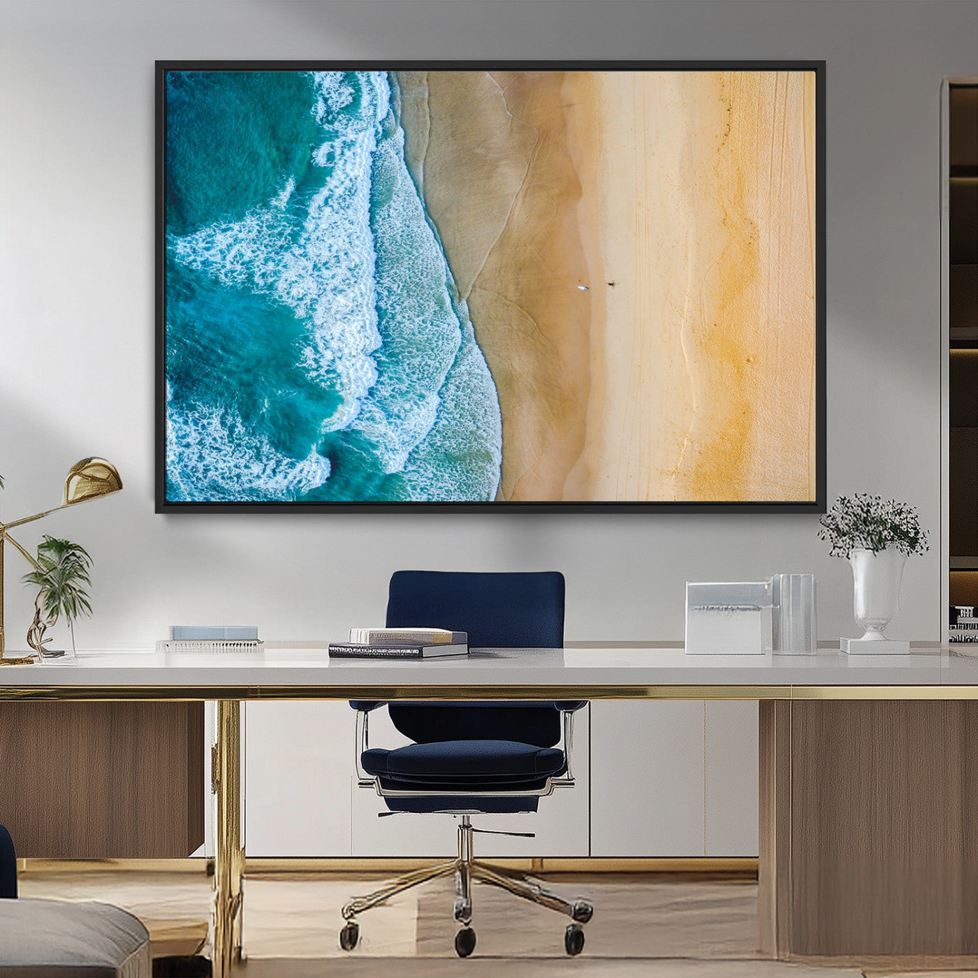 46640-MGV-CV-36X24-Aerial Beach Wall Art – Turquoise Waves and Golden Sand Canvas Print with Lone Surfer, Coastal Ocean Decor for Living Room,