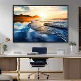 86173-MGV-FC-36X24_Black-Golden Sunset Beach Wall Art – Reflective Ocean Canvas Print with Mountains and Waves, Coastal Nature Decor for Living Room,