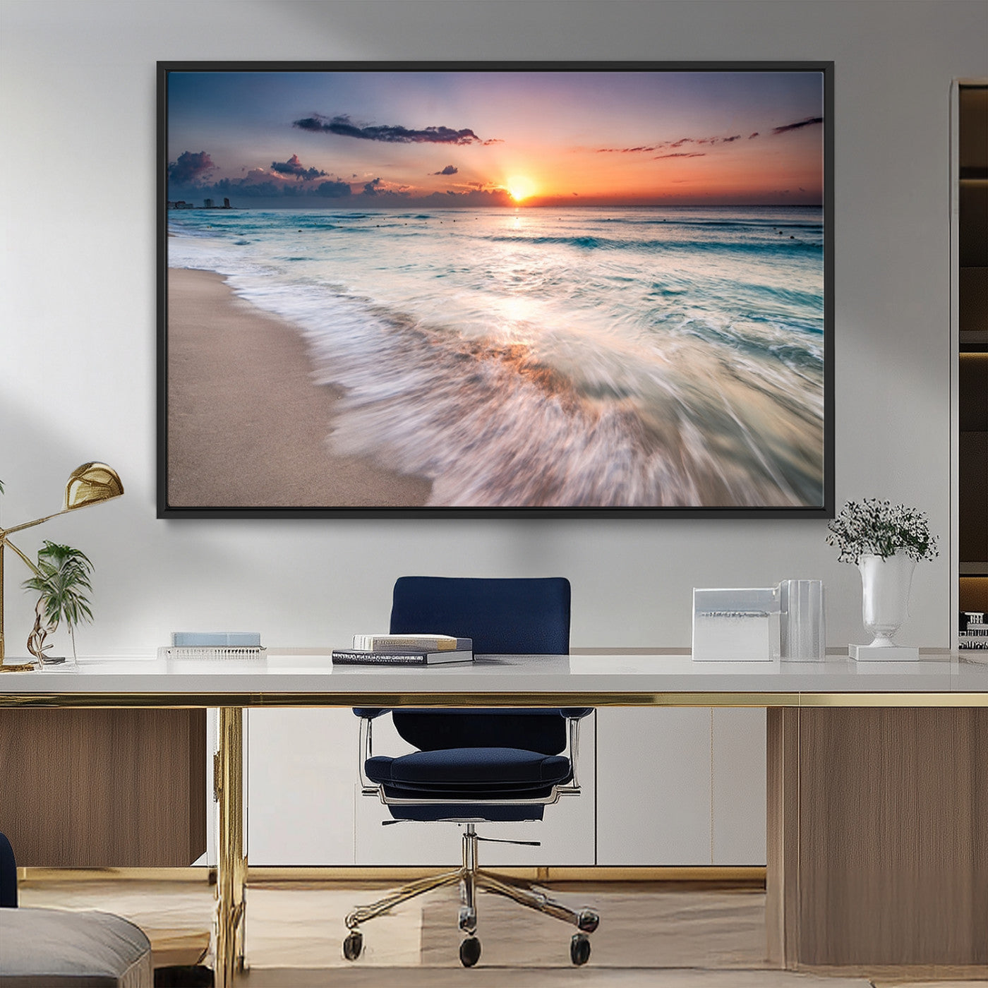 71849-MGV-FC-36X24_Black-Sunrise Ocean Beach Wall Art – Serene Seascape Canvas Print with Gentle Waves, Coastal Nature Decor for Bedroom, Living Room or