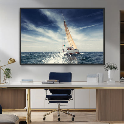 75430-MGV-FC-36X24_Black-Sailing Boat Wall Art – Dynamic Ocean Yacht Canvas Print, Nautical Decor for Living Room, Office, Beach House or Cabin
