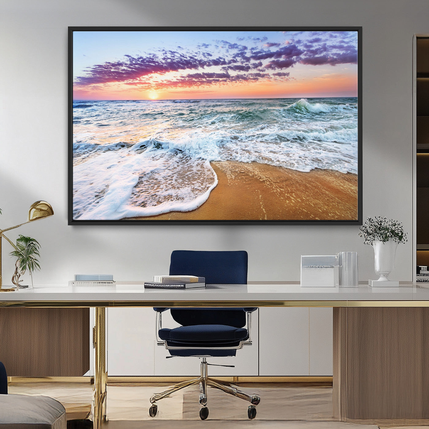 53006-MGV-FC-36X24_Black-Ocean Beach Sunset Wall Art – Vibrant Seascape Canvas Print, Coastal Home Decor for Living Room, Bedroom, Office or Beach House