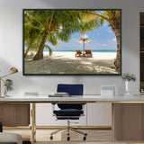 83601-MGV-FC-36X24_Black-Tropical Beach Wall Art – Serene Palm Trees and Lounge Chairs Canvas Print, Relaxing Coastal Decor for Living Room, Bedroom or