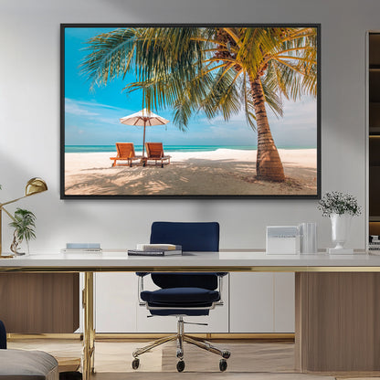 69754-MGV-CV-36X24-Tropical Beach Wall Art – Relaxing Palm Tree and Lounge Chairs Canvas Print, Serene Coastal Decor for Living Room, Bedroom, Office