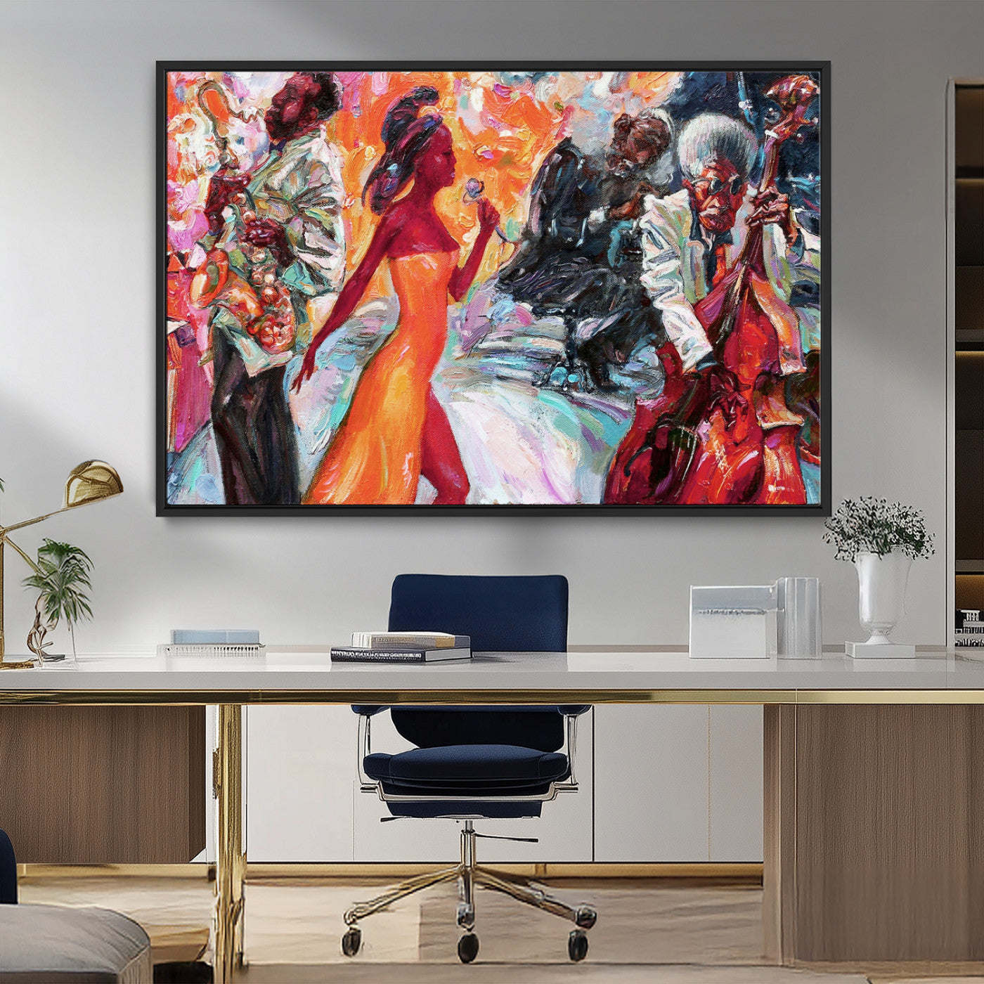 24452-MGV-FC-36X24_Black-Vibrant Jazz Musician Painting - Expressive Art Print of Live Jazz Band, Perfect Wall Decor for Music Lovers and Art Enthusiasts