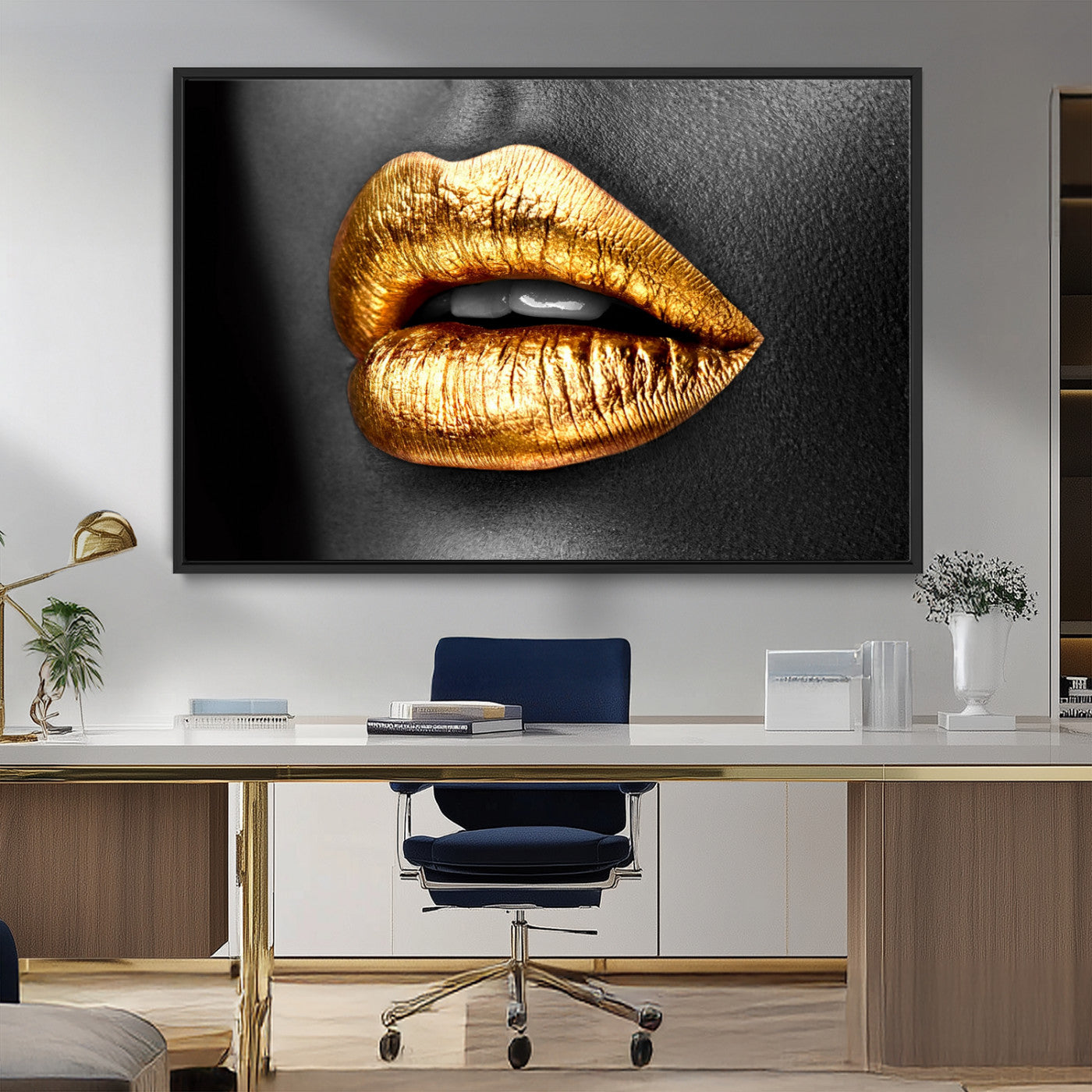 84747-MGV-FC-36X24_Black-Golden Lips Black & White Portrait – Glamorous Metallic Lip Art Print, Modern Wall Decor for Bedroom, Beauty & Fashion Lover Gift