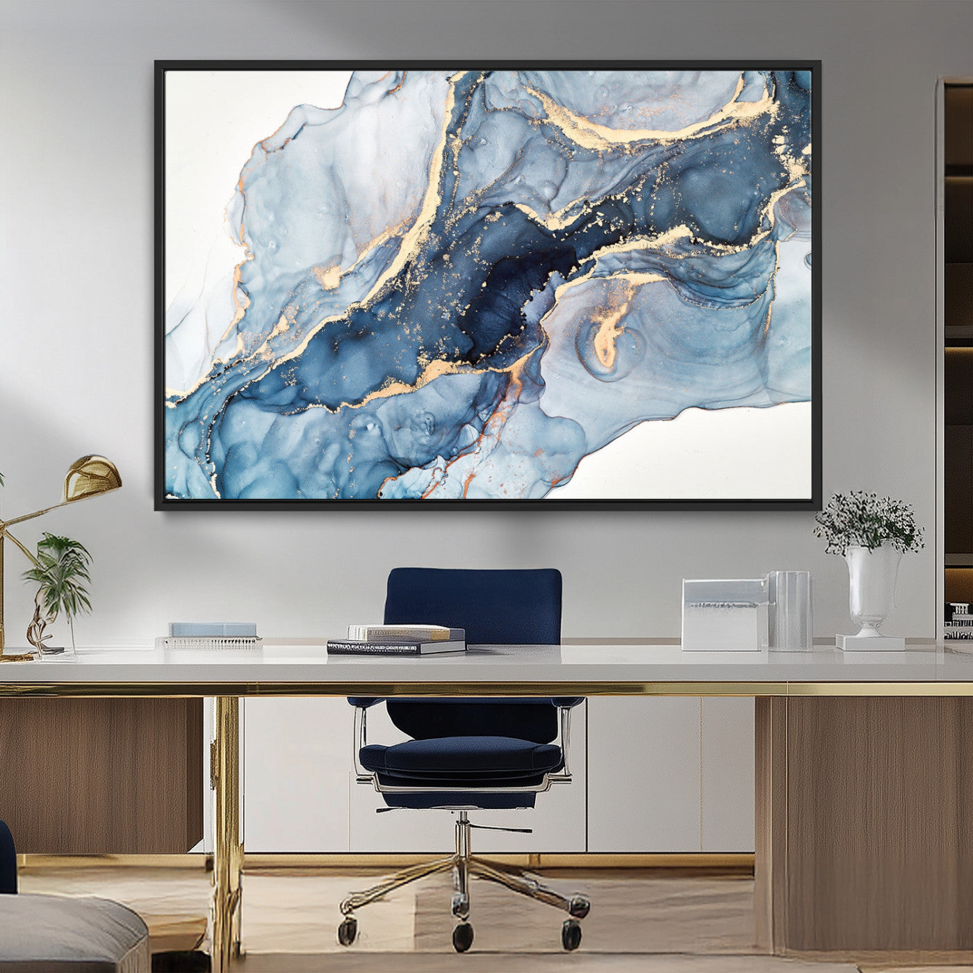 33782-MGV-FC-36X24_Black-Abstract Marble Wall Art – Blue & Gold Fluid Painting Canvas Print, Modern Home Decor for Living Room, Bedroom or Office